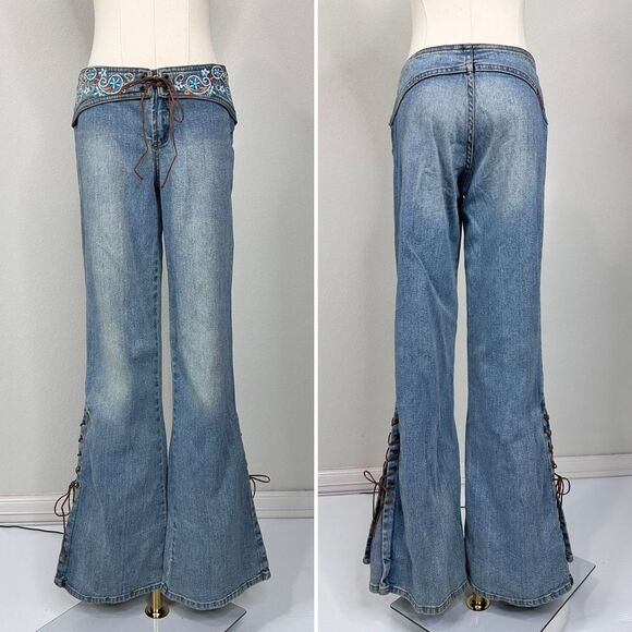 Y2K Hot Kiss Lace-Up Flare Jeans Low Rise Embroidered 3/ XS Boho Festival Bratz - Picture 3 of 16